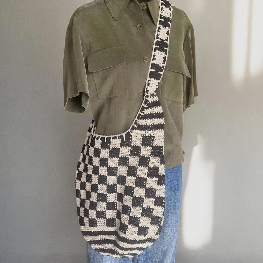 Crochet Checkered Shoulder Bag Black White Knit Tote Boho Indie Y2K Coquette
